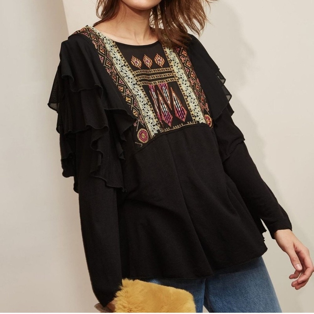Free People Black Embroidered Ruffle Sleeve Boho Festival Blouse Top Size S